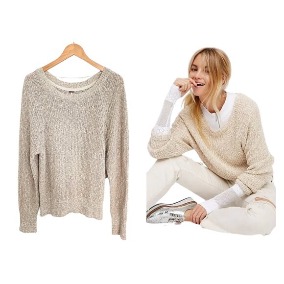 Free People Sweater Women Large Electric City Pullover Knit White Beige OB560520 - Picture 1 of 13